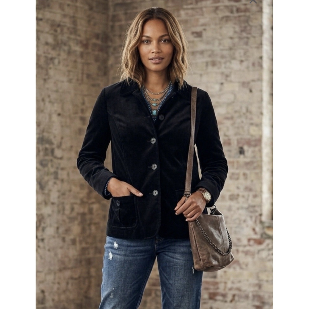 Lands' End Velvet Blazer Medium Black Button Front Polka Dot Lining Jacket